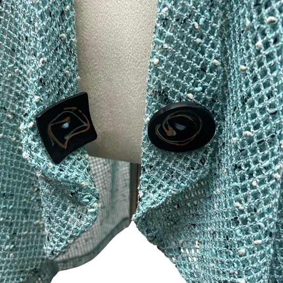 Coastal Grandma Aqua Open Knit Cardigan Button Trim Artsy Textures 1X - Picture 4 of 6